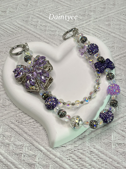 Purple elegant bow luxurious bag charm phone chain double chain key chain