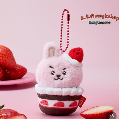 BT21 Strawberry Cupcake Plush Keychain | Cute Cartoon Character Mini Soft Doll Bag Pendant for Fans