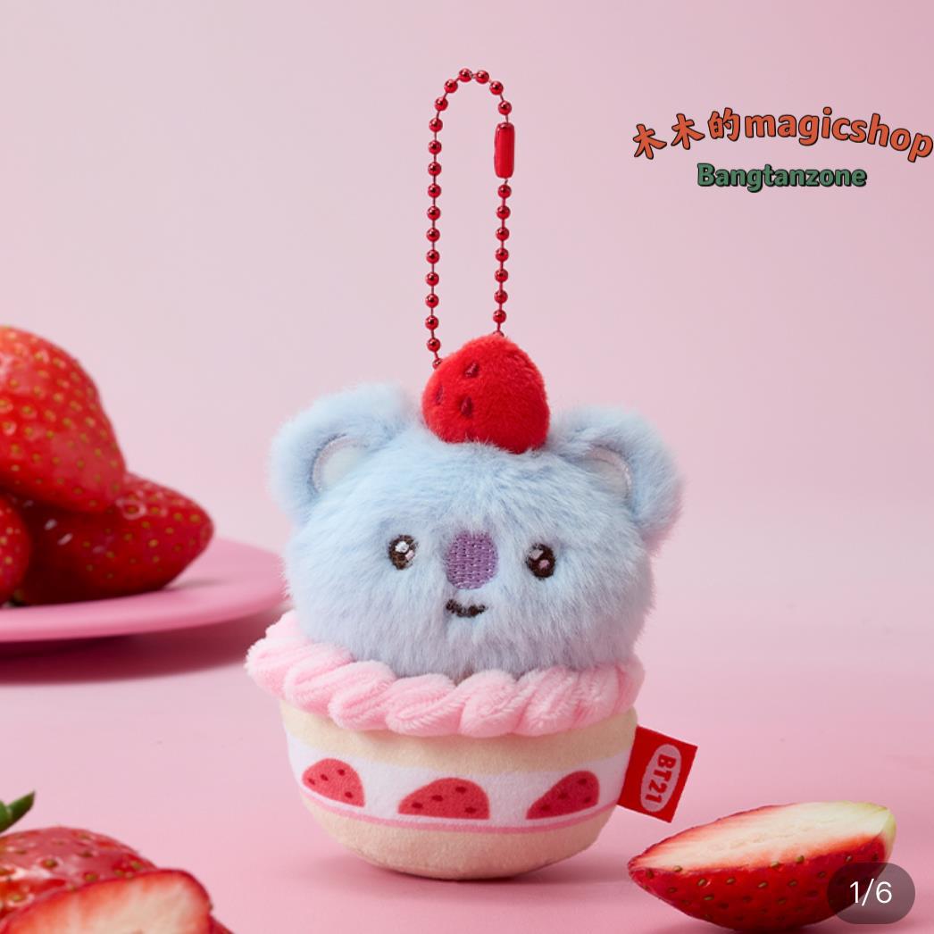 BT21 Strawberry Cupcake Plush Keychain | Cute Cartoon Character Mini Soft Doll Bag Pendant for Fans