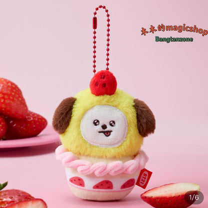 BT21 Strawberry Cupcake Plush Keychain | Cute Cartoon Character Mini Soft Doll Bag Pendant for Fans