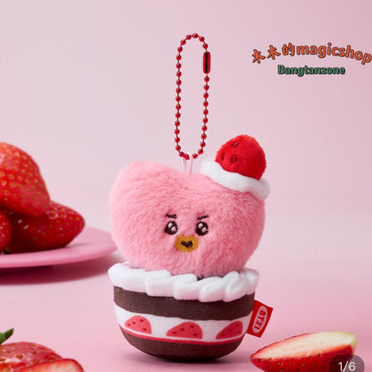 BT21 Strawberry Cupcake Plush Keychain | Cute Cartoon Character Mini Soft Doll Bag Pendant for Fans