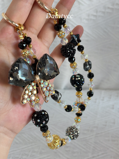 Elegant bow in black and gold combination Luxurious bag charm phone chain double chain