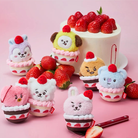 BT21 Strawberry Cupcake Plush Keychain | Cute Cartoon Character Mini Soft Doll Bag Pendant for Fans
