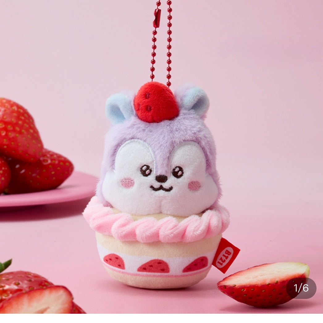 BT21 Strawberry Cupcake Plush Keychain | Cute Cartoon Character Mini Soft Doll Bag Pendant for Fans
