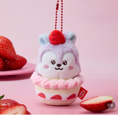BT21 Strawberry Cupcake Plush Keychain | Cute Cartoon Character Mini Soft Doll Bag Pendant for Fans