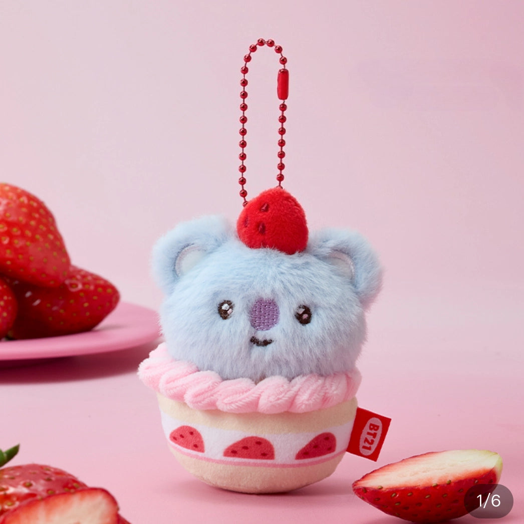 BT21 Strawberry Cupcake Plush Keychain | Cute Cartoon Character Mini Soft Doll Bag Pendant for Fans