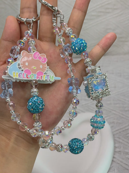 Blue crystal Kitty luxurious bag charm phone chain double chain key chain