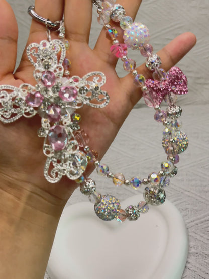Pink cross luxurious bag charm phone chain double chain key chain