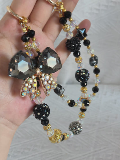 Elegant bow in black and gold combination Luxurious bag charm phone chain double chain